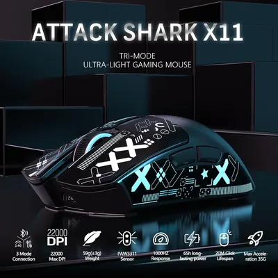 ATTACK SHARK X11 무선 게이밍 마우스 (RGB 마그네틱 충전 독 포함), 유무선/2.4G/BT, 22K DPI, 초경량 59g 트라이 모드 (테이프 포함)